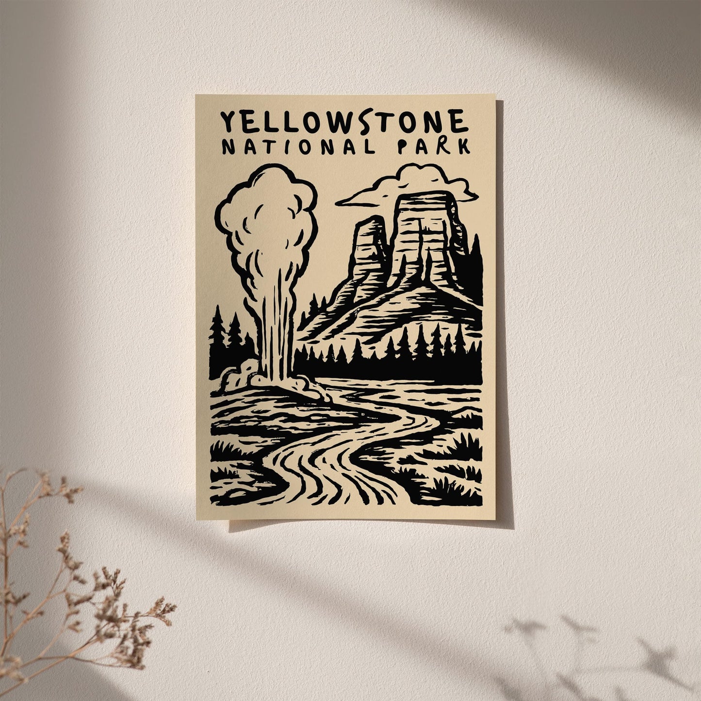 Yellowstone National Park Poster - Black Ink Wall Art
