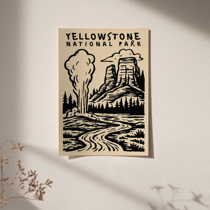 Yellowstone National Park Poster - Black Ink Wall Art
