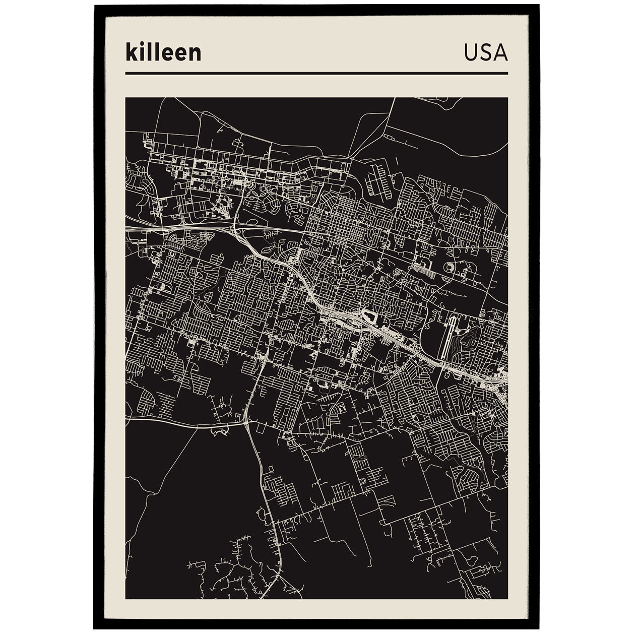 Killeen, Texas - black and white city map