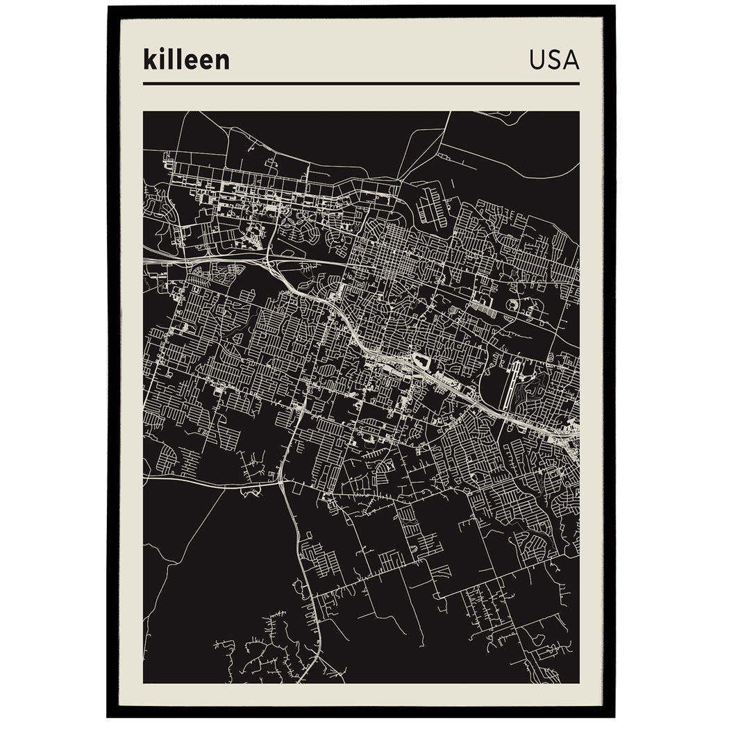 Killeen, Texas - black and white city map