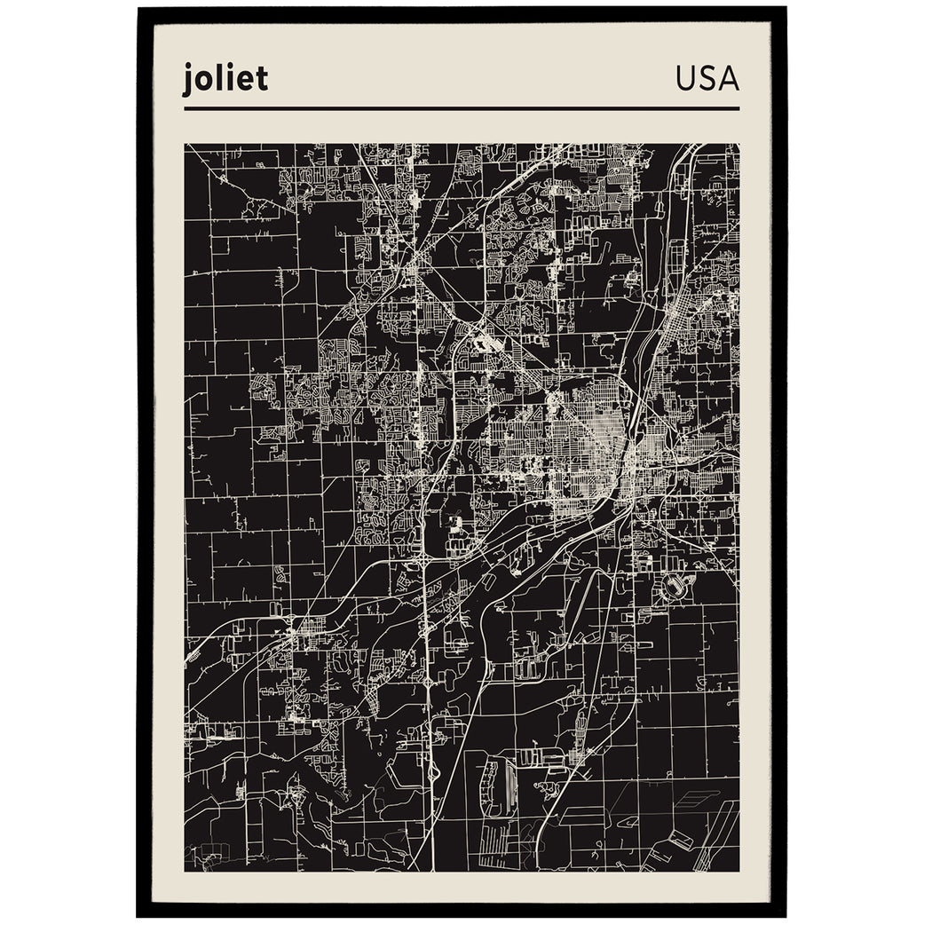 Joliet, USA black and white city map poster