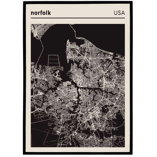 Norfolk USA - black and white map poster