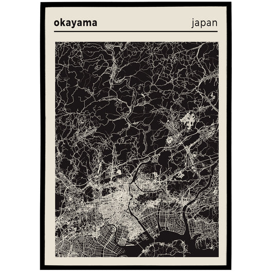 Japan, Okoyama City Map - Black and White Poster