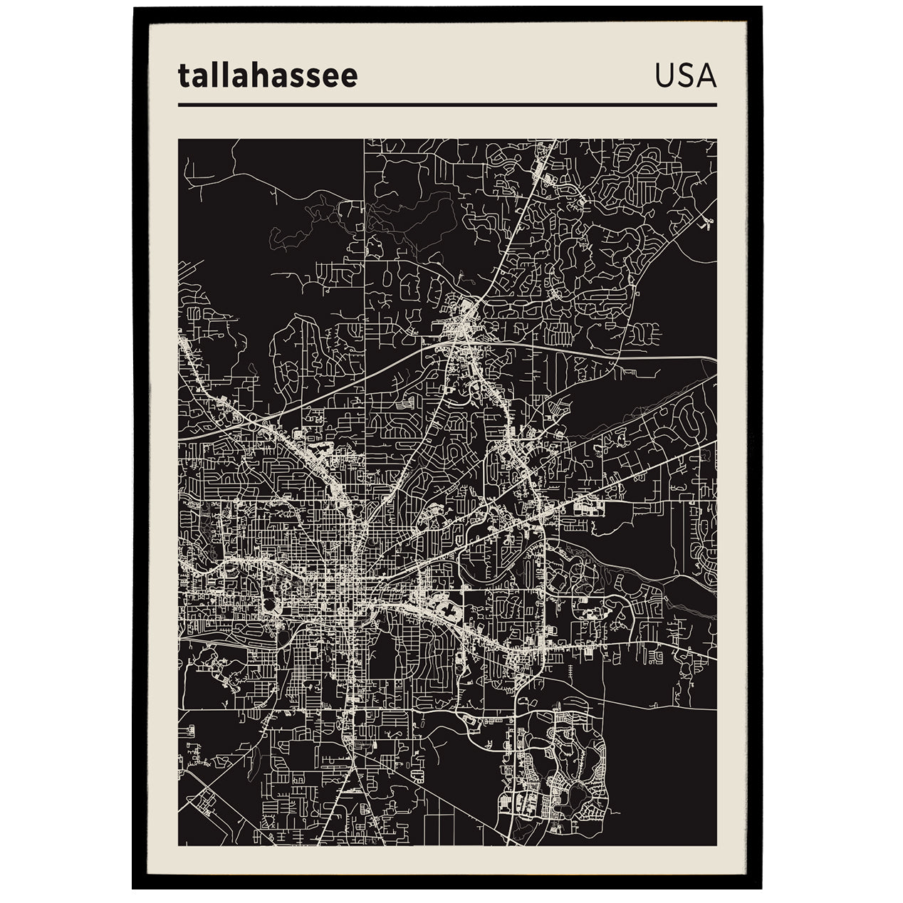 Tallahassee, Florida - USA | City Map Poster - Black and White
