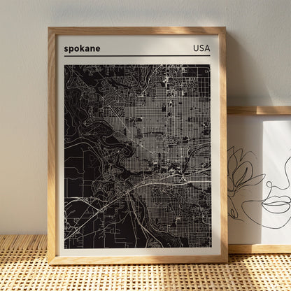 Spokane USA City Map - Black and White Poster