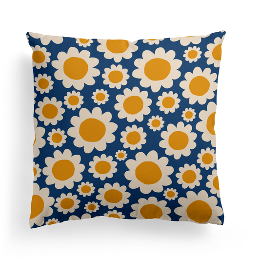 Blue Throw Pillow with Daisies