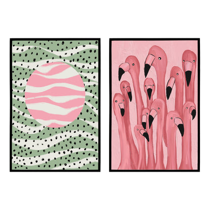 Set of 2 Mid Century Modern Flamingo Pink Posters