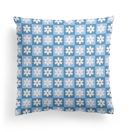 Blue Checkboard with Flowers Pattern Throw Pillow