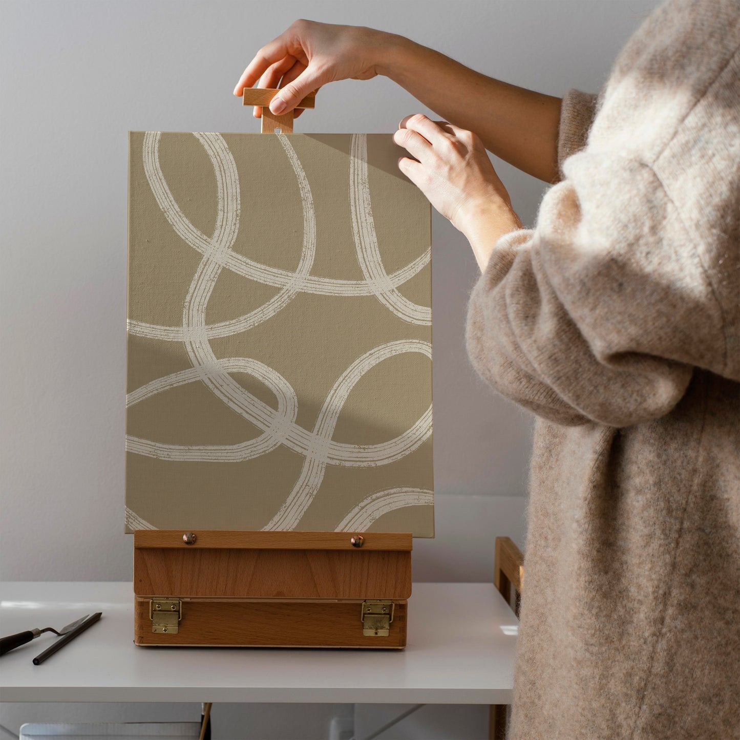 Beige Abstract Line Art Painted Canvas Print