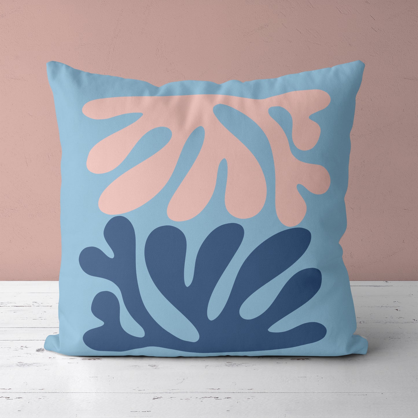 Blue Throw Pillow with Nature Shapes