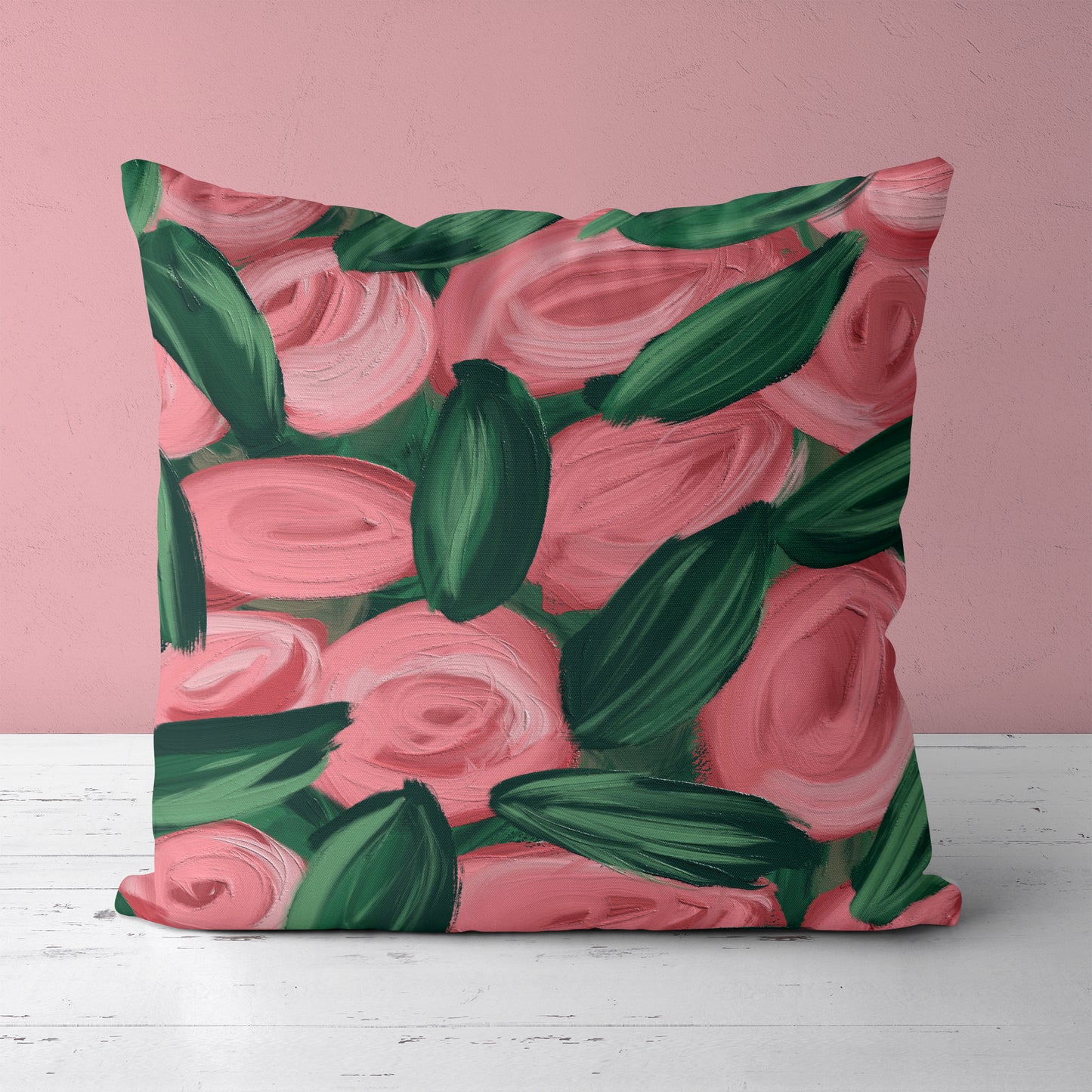 Pink Roses Acylic Painted Throw Pillow