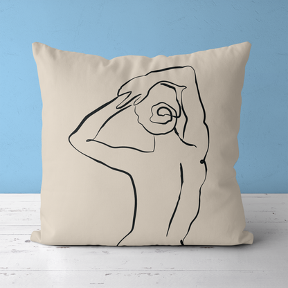 Beige Line Art Woman Throw Pillow