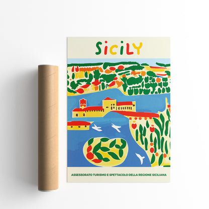 Sicily, Italy Colorful Travel Poster