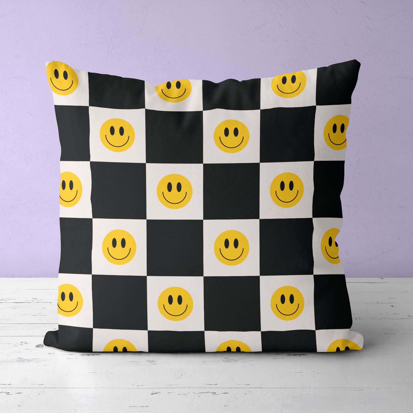 Black Retro Checkboard with Faces Throw Pillow