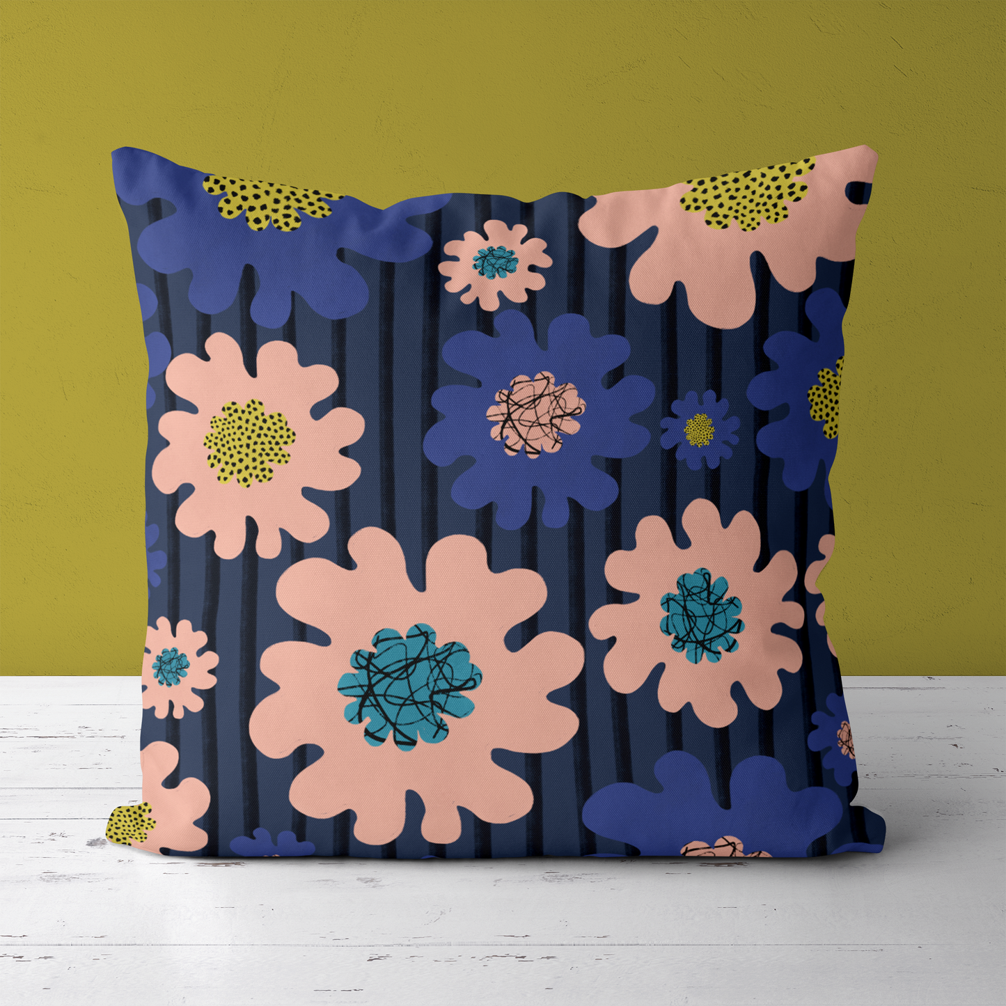 Retro Flower with Striped Pattern Throw Pillow