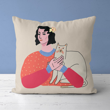 Woman with a Cat Throw Pillow