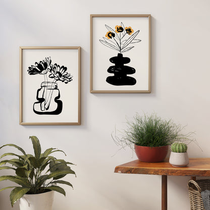 Set of 2 Handdrawn Black Ink Floral Edge Style Posters