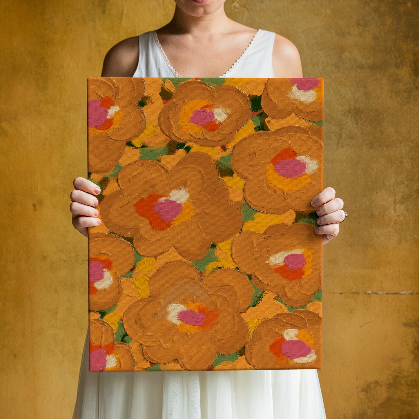 Retro Orange Yellow Flowers Canvas Print