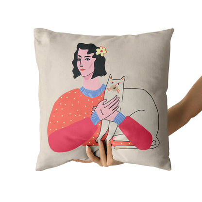 Woman with a Cat Throw Pillow
