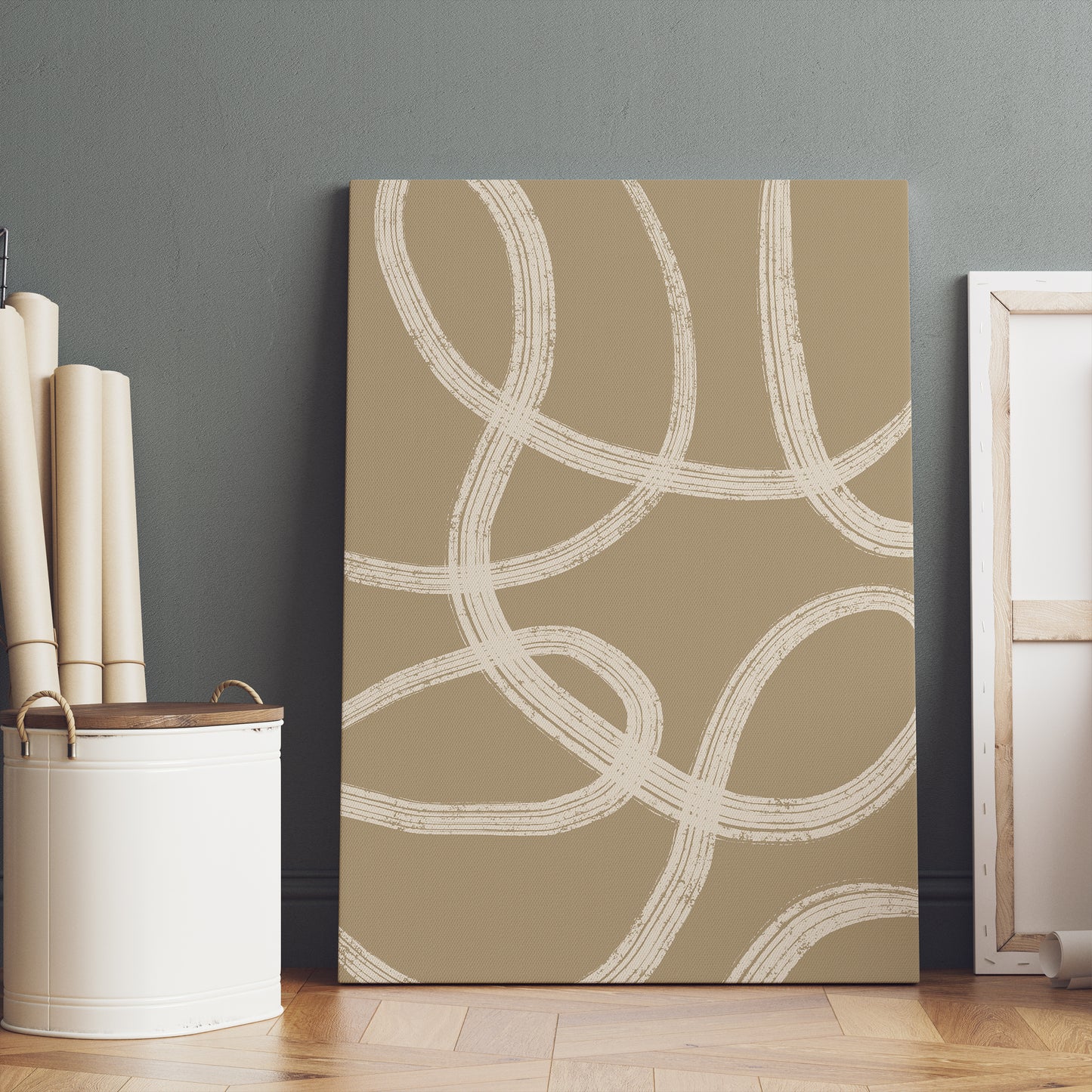 Beige Abstract Line Art Painted Canvas Print