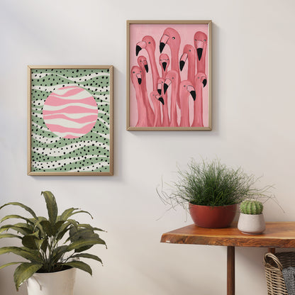 Set of 2 Mid Century Modern Flamingo Pink Posters