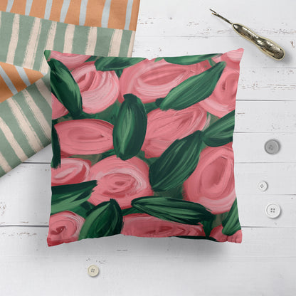 Pink Roses Acylic Painted Throw Pillow