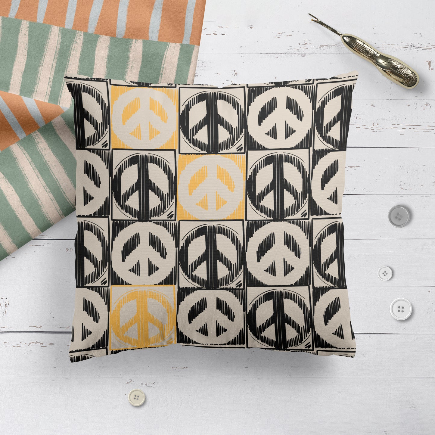 Checkboard with Handdrawn Peace Symbol Throw Pillow