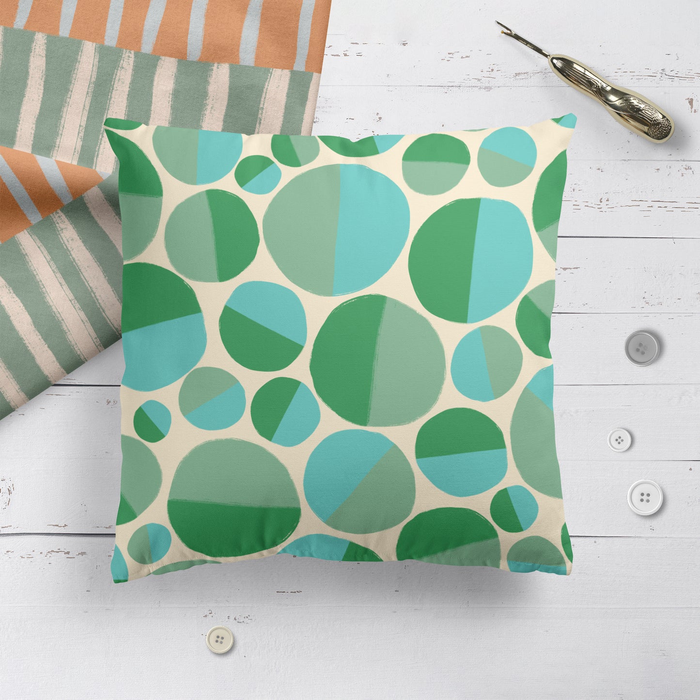 Retro Green and Blue 60s Pattern Throw Pillow