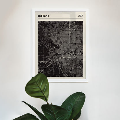 Spokane USA City Map - Black and White Poster